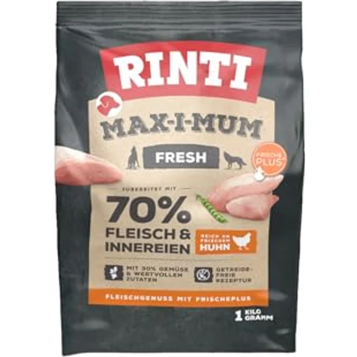 Rinti Max-i-Mum Trockenfutter für ausgewachsene Hunde, 70% Fleisch & Innereien, getreidefrei, 7x1kg Huhn