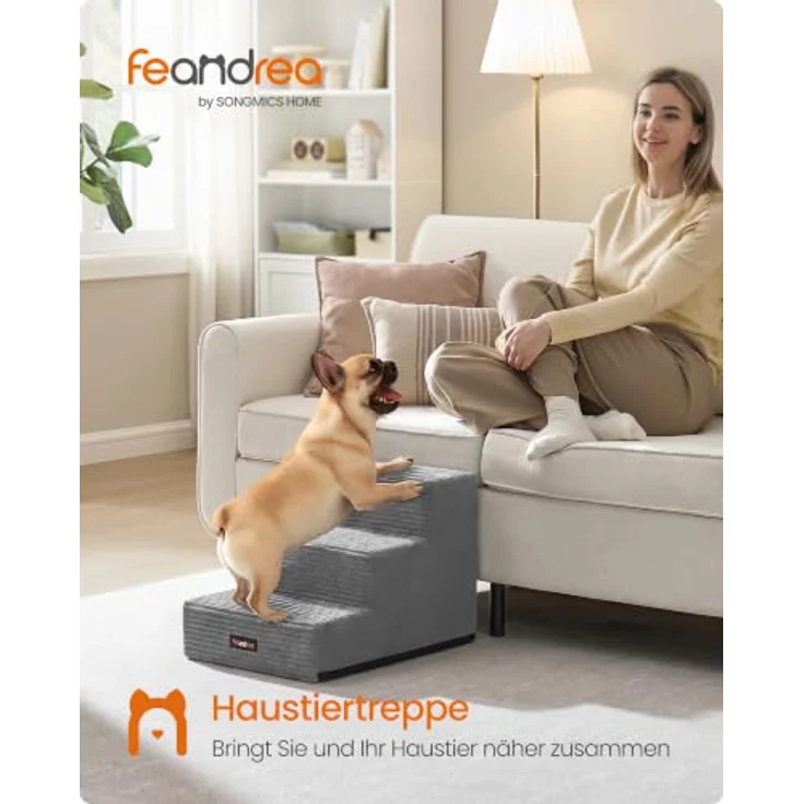 Feandrea Hundetreppe Baddi Kollektion PPS023GD01, 3-stufige Katzentreppe aus hochdichtem Schaumstoff, graue Waschbare Hunderampe für kleine Hunde, 46 x 40 x 33 cm, rutschfest und wasserdicht – Bild 2
