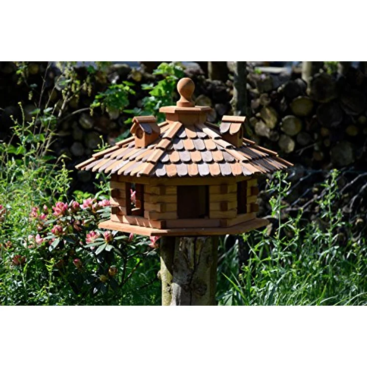 dobar 45310e Rustikales Vogelfutterhaus im Blockhaus-Stil mit dekorativem Holzschindeldach, Vogelhaus mit 6 Einfluglöchern, Kiefer, XXL, braun – Bild 5