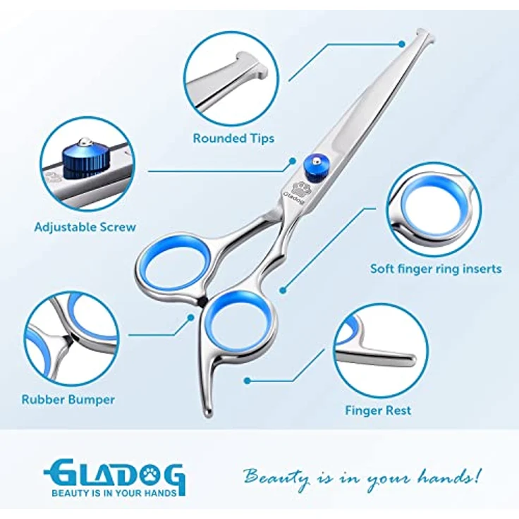 GLADOG Hundeschere Set Profi 4 in 1, Fellschere aus 4CR Edelstahl mit Titanbeschichtung, gerade & gebogene Schere, Effilierschere, rundspitzig, blau – Bild 2