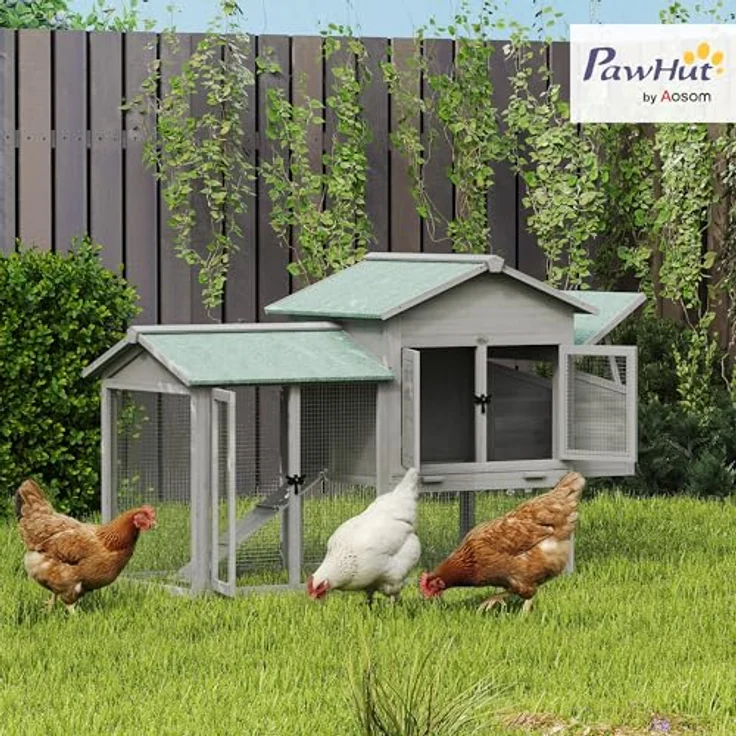 PawHut Hühnerstall Hühnerhaus mit Freilaufgehege, Nistkasten, Rampe und herausziehbarem Tablett, für 2-4 Hühner, grau – Bild 2