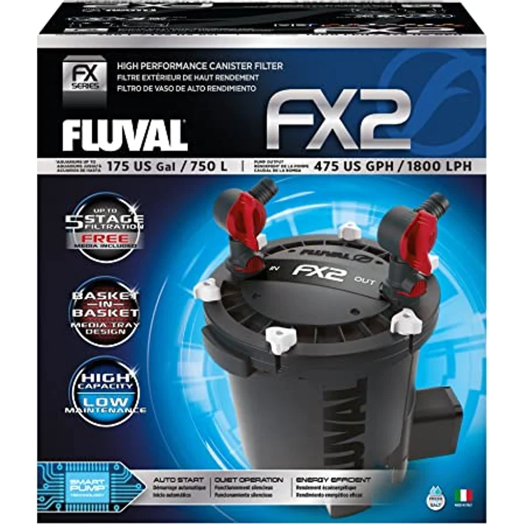 Fluval FX2 Hochleistungs-Außenfilter für Aquarien bis 750l, 1.800 l/h Wasserumwälzung, mit Smart Pump Technologie und herausnehmbaren Medienkörben – Bild 1