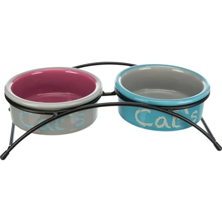 TRIXIE Napf Trixie Eat On Feet Napf-Set CATs, Keramik, 2 x 0,3 L, hellblau/orange/lila – Bild 2