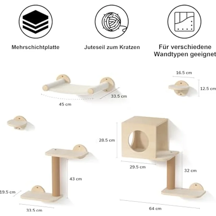 FUKUMARU Kletterwand für Katzen, 5-teiliges Wandregal-Set mit Hängematte, Katzenhaus, Katzentreppe und Kratzbaum, stabile Birken-Multi-Schichtplatte, beige – Bild 5