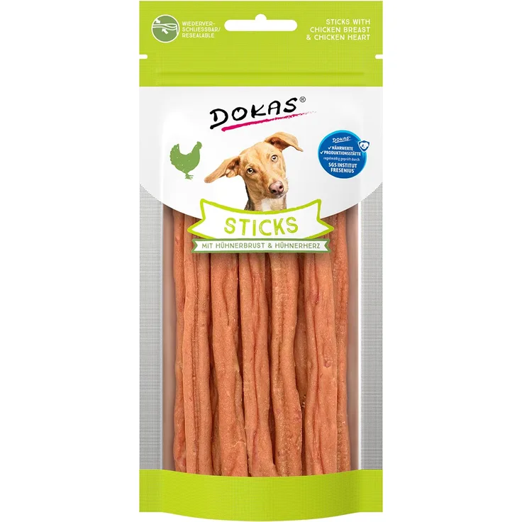 Dokas Sticks mit Hühnerbrust und Hühnerherz, Hunde-Snacks mit natürlichem Kollagen, 60g