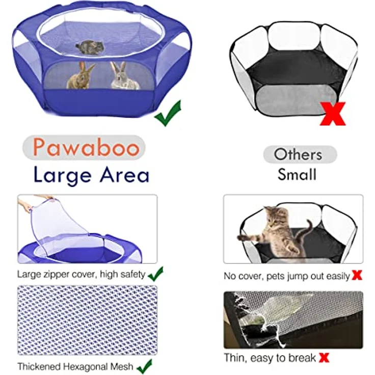 Pawaboo Kleintiere Freigehege, Faltbar und Wasserdicht für Kaninchen, Hühner, Kätzchen und Welpen, 133 cm x 38 cm, Indigo mit Reißverschluss und Nylonboden – Bild 3