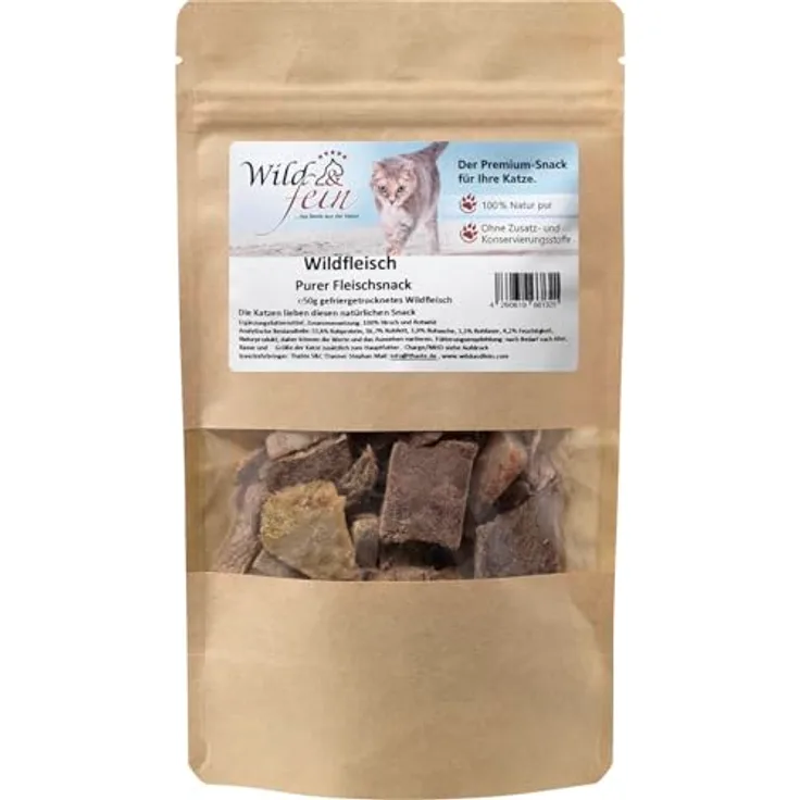 Wild & Fein Wildfleischsnack für Katzen, gefriergetrocknet, 50g - Reinfleisch-Snack ohne Zusatzstoffe