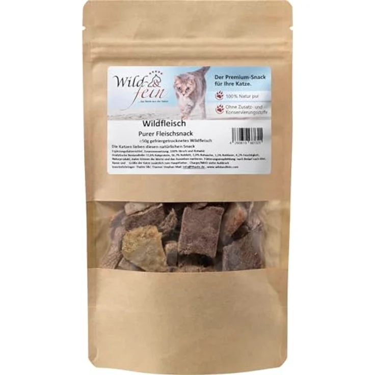 Wild & Fein Wildfleischsnack für Katzen, gefriergetrocknet, 50g - Reinfleisch-Snack ohne Zusatzstoffe – Bild 1