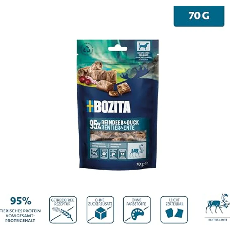 Bozita Meaty Bites Hundesnack, 95% Rentier & Ente, 70 g, getreidefrei, ohne Huhn & Glyzerin, ideale Trainingsleckerlis für Hunde – Bild 5