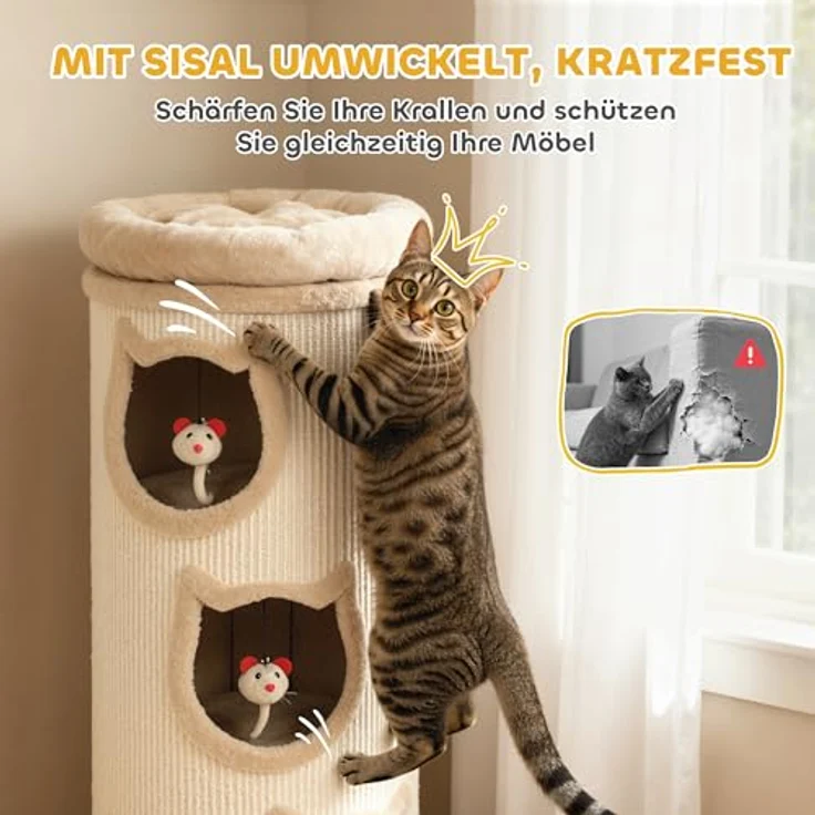 PawHut Kratztonne 96 cm hoch Ø 38 cm, vierstöckige Katzenhöhle mit Plüschrand, abnehmbaren und waschbarem Plüschbett, interaktiven Spielmäusen, cremeweiß – Bild 4