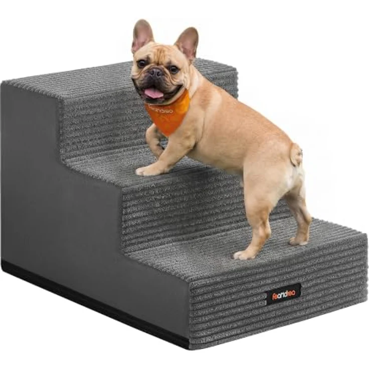 Feandrea Hundetreppe Baddi Kollektion PPS023GN01, 3-stufige Schaumstofftreppe für kleine Hunde, bleigrau, waschbar, rutschfest, 46 x 40 x 33 cm – Bild 1