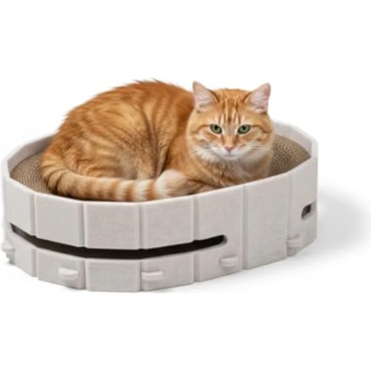 Lyveo Katzenbett mit Kratzbrett & Spielball, 3-in-1 Katzenzubehör für Selbstbeschäftigung, Beige, 43×34×11 cm – Bild 1