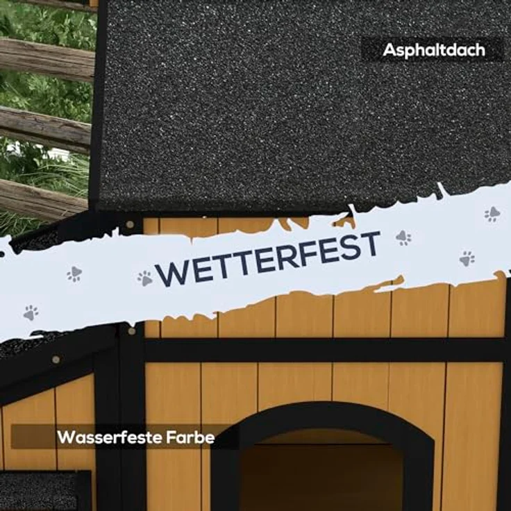 PawHut Katzenhaus, Tannenholz, Outdoor Katzenhütte mit 2 Etagen, mehreren Eingängen, winterfest mit Asphaltadach, Blumenkasten, erhöhtes Design, gelb, 96 x 65 x 85,5 cm – Bild 5