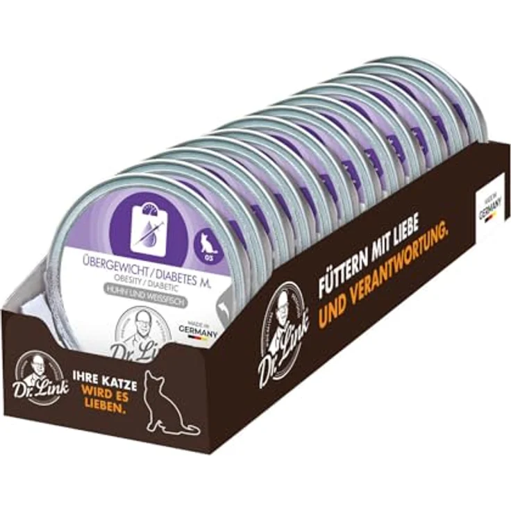 Dr. Link VET PETCARE Spezial-Diät Katzenfutter für Katzen & Kater, kalorien- und fettreduziert, Huhn & Weißfisch Protein, 12x85g Schale – Bild 1