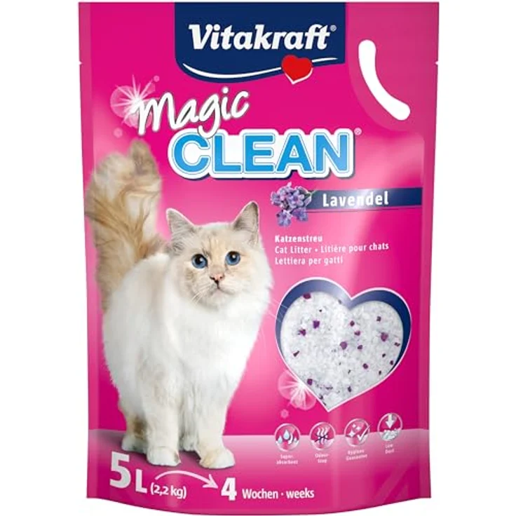 Vitakraft Magic Clean Lavendel Katzenstreu, nicht klumpend, besonders staubarm, zarter Lavendelduft, praktische Tragelasche (5L) – Bild 1