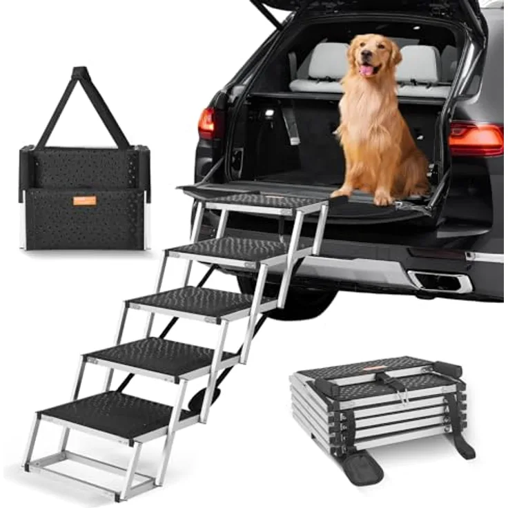 VEVOR 5-stufige Hundetreppe, zusammenklappbar und rutschfest, bis zu 68 kg belastbar, Einstiegshilfe für Auto, SUV und LKW