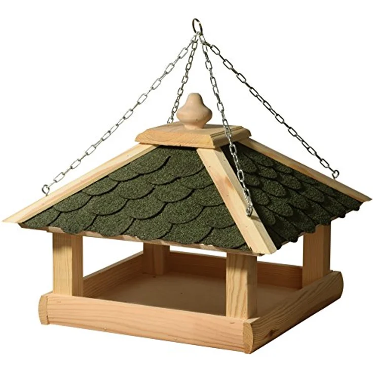 dobar 44256e Klassisches Vogelhaus aus Holz (Kiefer) für Garten, Balkon, mit grünen Bitumenschindeln, stabiler Metallkette zum Aufhängen - Vogelhäuschen Vogel-Futterhaus – Bild 2