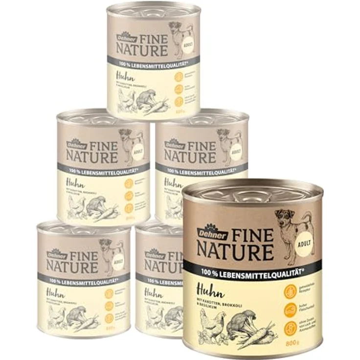Dehner Fine Nature Hundefutter, Nassfutter in Lebensmittelqualität für ausgewachsene Hunde, Huhn mit Karotten und Brokkoli, 6 x 800 g Dose (4.8 kg) – Bild 1