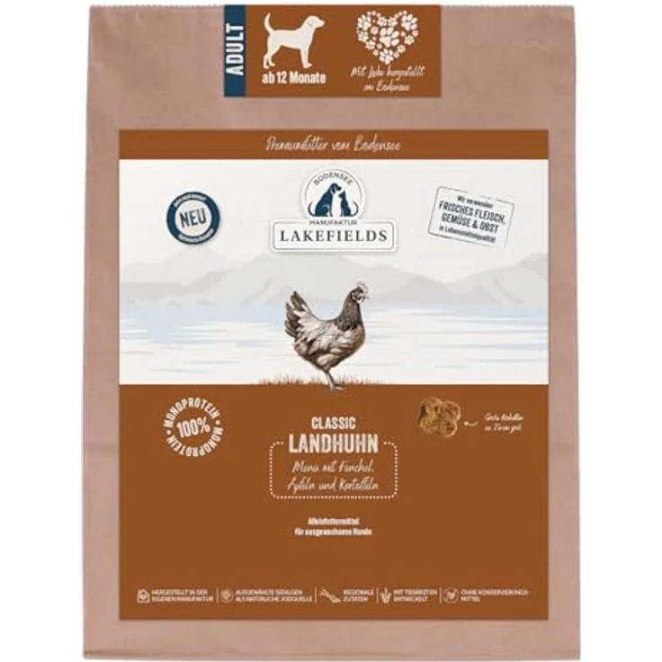 Lakefields Classic Hundefutter trocken | Huhn 60% | 1kg | Getreidefreies Trockenfutter für ausgewachsene Hunde | Zutaten in Lebensmittelqualität | Fenchel, Karotten & Kartoffeln | Schonend gebacken – Bild 1