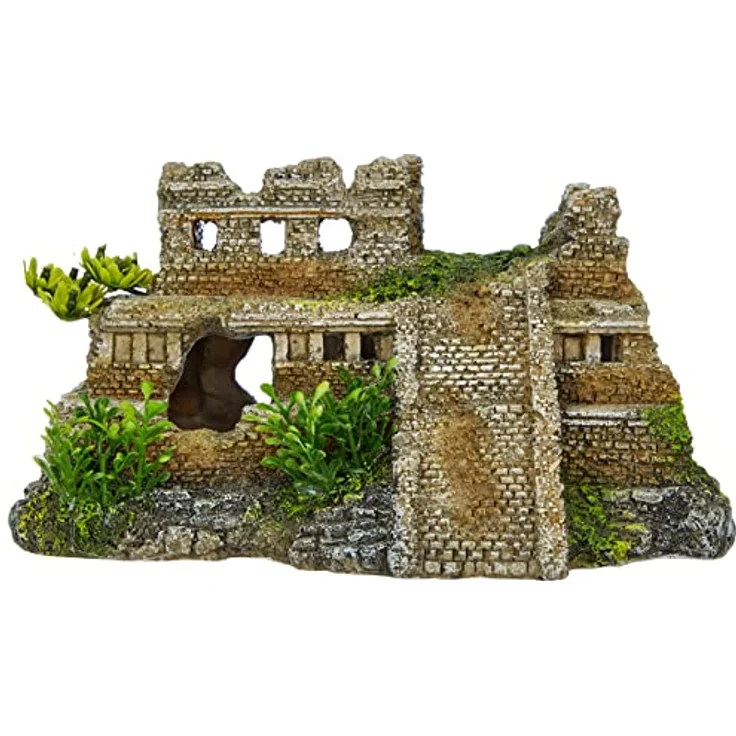 Nobby Aquariendeko Maya Ruine mit Pflanzen, detailgetreue Polyresin-Dekoration für Süß- und Meerwasseraquarien – Bild 3