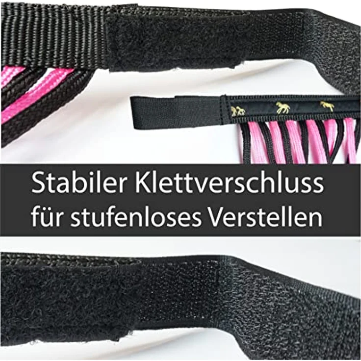 Pferdelinis Fliegenfransen für Pferde, Fliegenmaske mit Fransen & Klettverschluss, effektiver Insektenschutz für Shetty, Pony, Cob, Warmblut, Schwarz-Pink, Pony – Bild 3