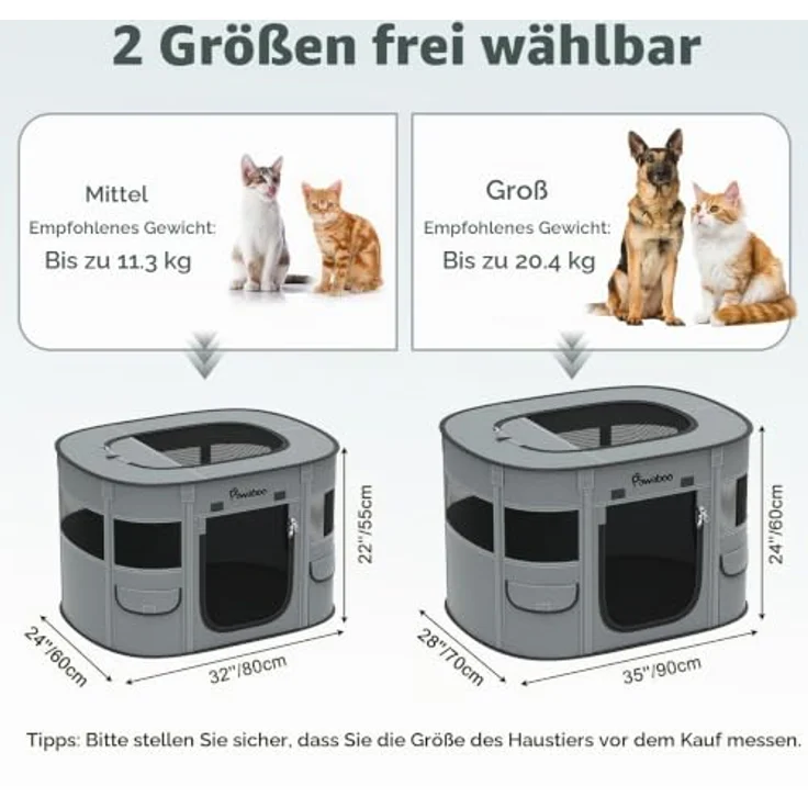 Pawaboo Tragbarer Hunde-Laufstall, M, rechteckig aus 600D Oxford-Gewebe mit atmungsaktivem 360°-Netzdesign, Koksgrau – Bild 2