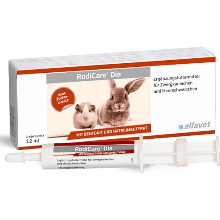 Alfavet RodiCare Dia, Ergänzungsfuttermittel für Zwergkaninchen und Meerschweinchen bei Durchfall, mit Natriumbutyrat, zuckerfrei, 3 Injektoren à 12 ml – Bild 1