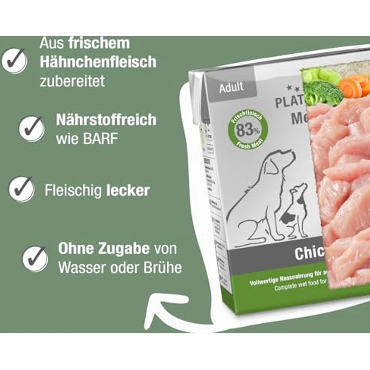 PLATINUM Hundenahrung Menu Adult Chicken, Hundenassfutter mit Fleischsaftgarung, 12 x 375 g, nährstoffreich und besonders schmackhaft für kleine und große Hunde, BPA-frei, in DE geprüft – Bild 2