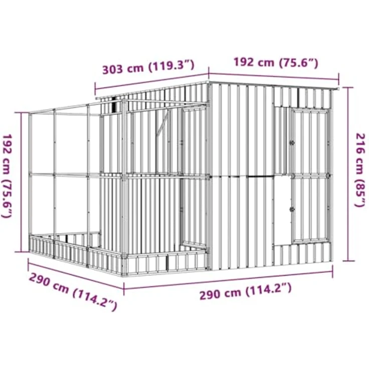 vidaXL Voliere mit Erweiterung, große Stahl Vogelvoliere 290 x 303 x 216 cm in Silber mit verschließbarer Tür, ideal für Vögel und Kleintiere – Bild 3