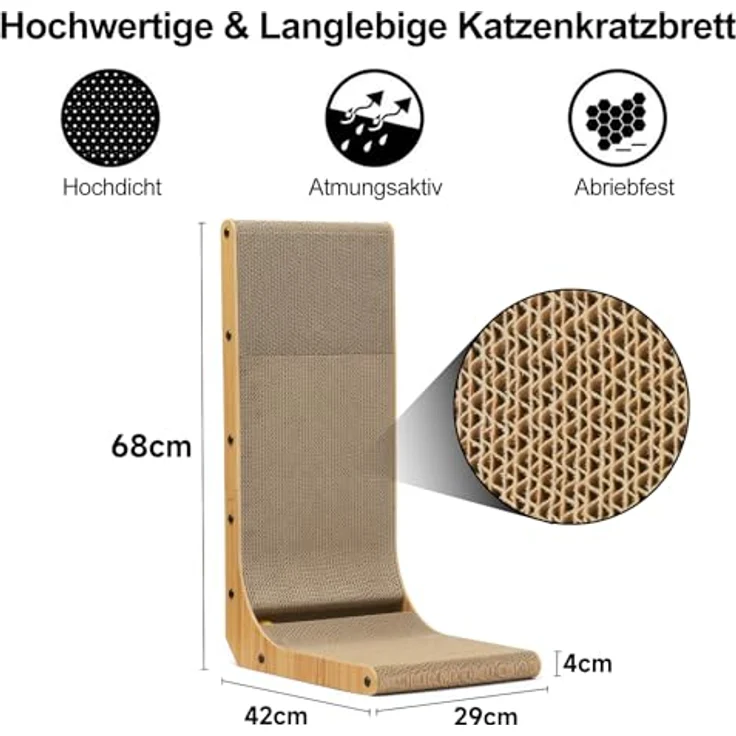 FUKUMARU Kratzbrett Katzen, 68 cm hohe L förmige Kratzpappe für Katzen, widerstandsfähig Katzenkratzbrett mit Ballspielzeug, Katzen Kratzmöbel aus hochwertiger Karton für Wand und Ecke, Groß – Bild 4