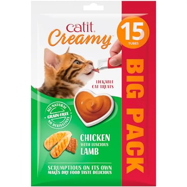 Catit Creamy flüssigkeitsspendende Leckpaste für Katzen mit Huhn und Lamm, 15 x 10g, reich an Eiweiß und Aminosäuren