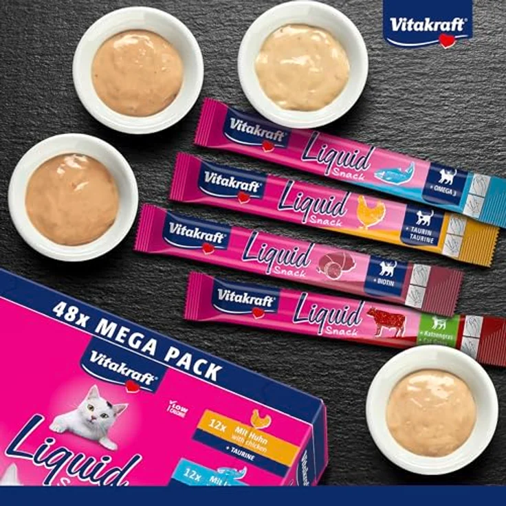 Vitakraft Cat Liquid-Snack Multipack, 48 x 15 g, Mix 2 mit Huhn, Rind, Lachs und Leberwurst, kalorienarm und vielseitig verwendbar – Bild 2