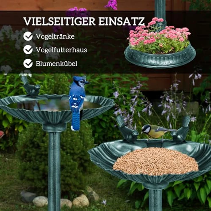 Outsunny Vogeltränke Kunststoff, Zwei-Becken Vogelbad mit muschelförmigem Becken und antikem Metall-Look, dunkelgrün, 49,5L x 38B x 81H cm – Bild 3