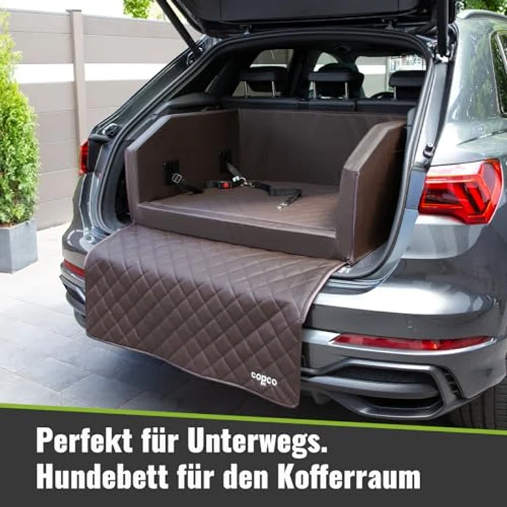 CopcoPet Hundebox für Auto, Kofferraumschutz mit Ladekantenschutz, herausnehmbare Matte und Anschnallsystem, 80x55x38cm, Braun – Bild 3