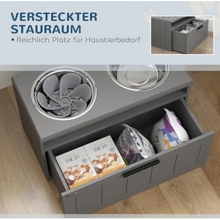 PawHut Futternapf Erhöhte Futterstation mit 2 Edelstahlschüsseln, Anti-Schling-Matte, Edelstahl, für große und extra große Hunde, Grau – Bild 6