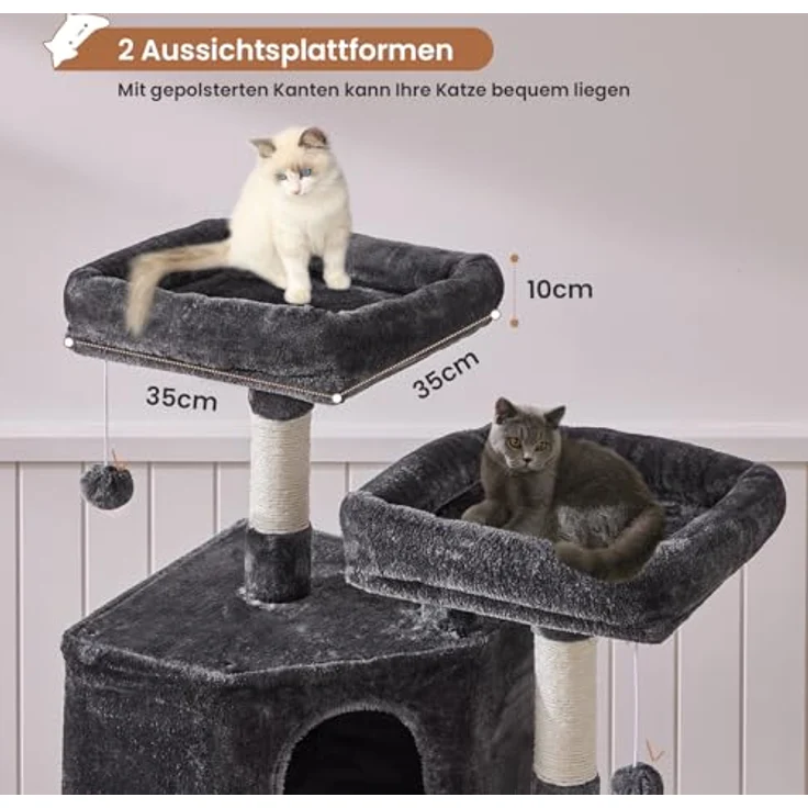 MSmask Stabiler Kratzbaum, großer Katzenbaum mit 2 Plattformen und großer Höhle, Dunkelgrau, Sisalstämme aus Natur-Sisal – Bild 4