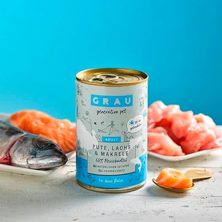 GRAU Nassfutter für Katzen - Pute, Lachs, Makrele, 6er Pack (6 x 400 g), getreidefrei, reich an Omega-3- und Omega-6-Fettsäuren, für Erwachsene Katzen – Bild 2