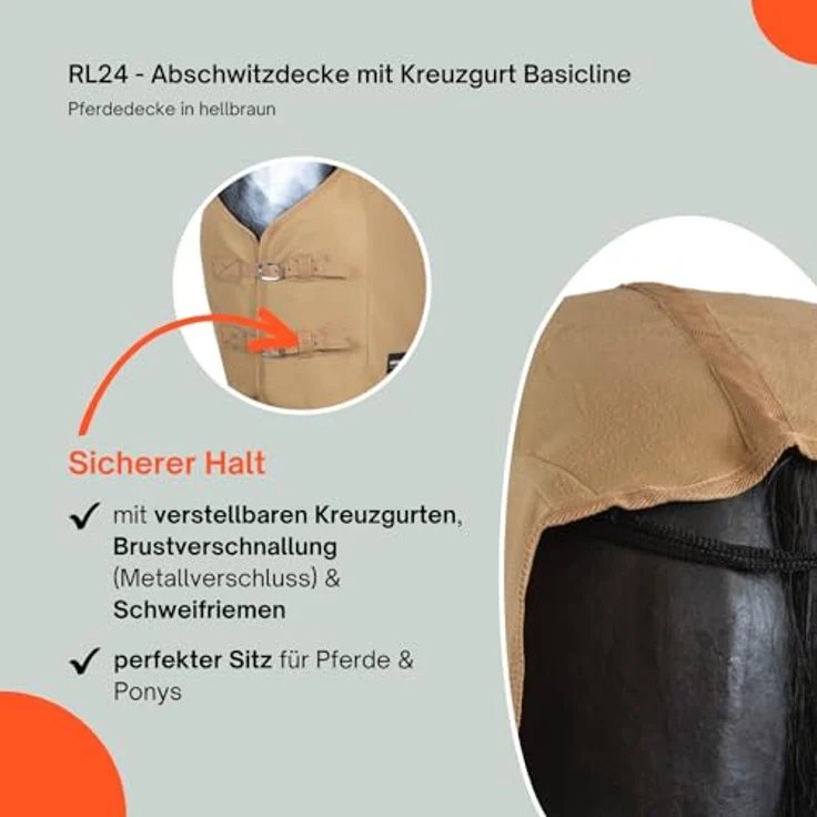 RL24 Abschwitzdecke mit Kreuzgurt BASICLINE, atmungsaktiv und schnelltrocknend, Hellbraun, 65cm – Bild 4