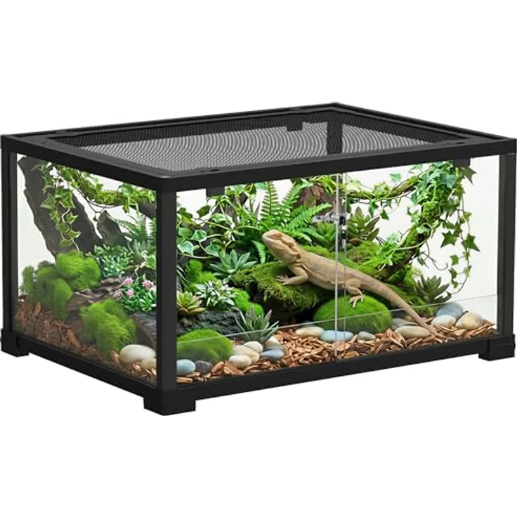 PawHut Glasterrarium für Reptilien, 60 x 45 x 32 cm, ausbruchsicherer Verschluss, belüftete Konstruktion, Schwarz