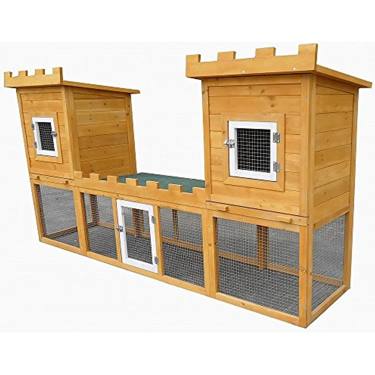 Mucola Kaninchenstall Schloss XXL 192x50x100 cm, Holz 2 Etagen mit Freilauf, witterungsbeständig, leicht zu reinigen, hellbraun – Bild 5