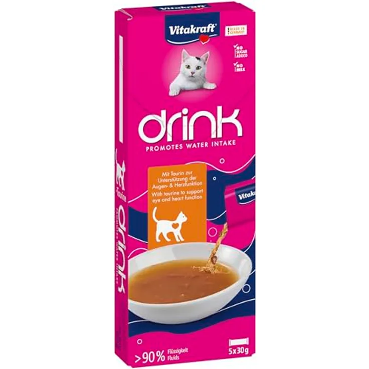 Vitakraft Drink, Katzen Leckerli flüssig mit Huhn, fördert ausgewogene Flüssigkeitsaufnahme, in 5x30g Sachets, ohne Zuckerzusatz