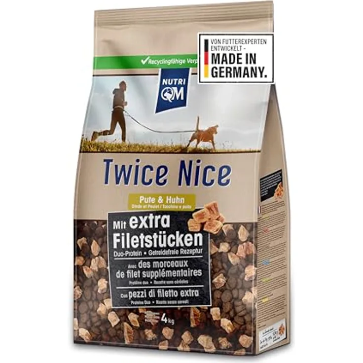 NutriQM® Twice Nice Adult Pute & Huhn 4 kg – Getreidefreies Trockenfutter für Hunde – Duo-Protein, leicht verdaulich, mit Filetstücken und Superfoods – Made in Germany
