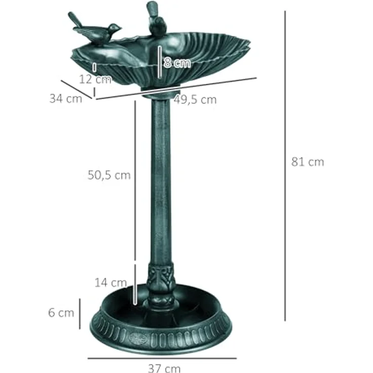 Outsunny Vogeltränke Kunststoff, Zwei-Becken Vogelbad mit muschelförmigem Becken und antikem Metall-Look, dunkelgrün, 49,5L x 38B x 81H cm – Bild 7