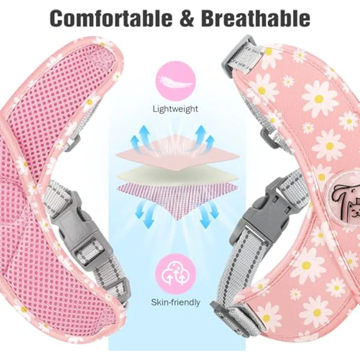 Pawaboo X-Rahmen Hundegeschirr mit Leine, verstellbares Anti-Zug und Anti-Erstickungs Brustgeschirr für kleine & mittelgroße Hunde, M, Rosa Gänseblume – Bild 5