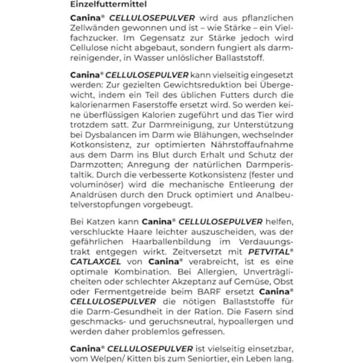 Canina Cellulose Pulver 400g, natürlicher Ballaststoff für gesunden Magen-Darm-Trakt und Gewichtsreduktion – Bild 2