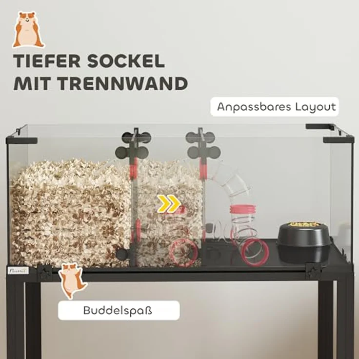 PawHut Hamsterkäfig 360°-Sicht, transparenter Nagerkäfig mit 3 Etagen, Röhrensystem, Hütte, Rampen und Rollen, 77 x 49 x 130,5 cm, Schwarz – Bild 4