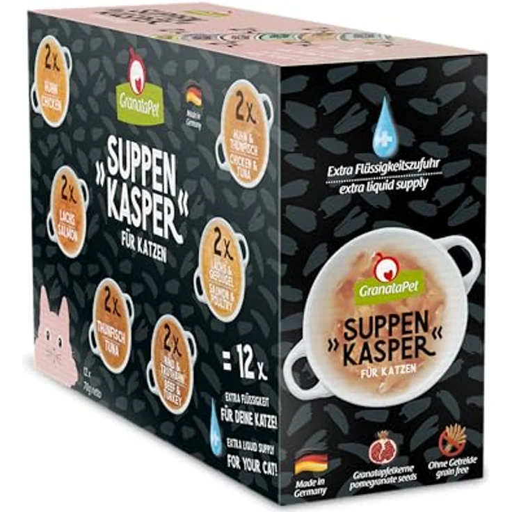 GranataPet Suppenkasper Multipack 6 Sorten, 12 x 70 g, Katzen-Snacks ohne Getreide und Zuckerzusätze, ideal zur Flüssigkeitszufuhr – Bild 2