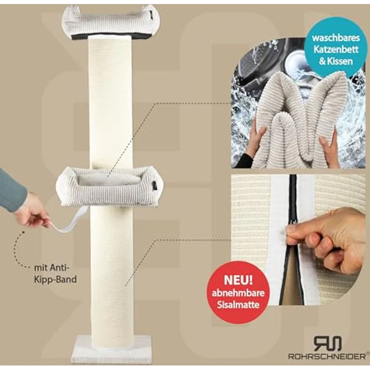 Rohrschneider Kratzbaum XXL Frieda – Kratztonne mit tauschbaren Kratzmatten, stabiler breiter Säule, waschbarem Cord-Bezug (beige), für große, mittlere und kleine Katzen – Bild 2
