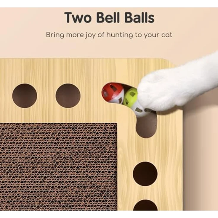 Nobleza Katzenkratzbrett, interaktives 3-in-1 Katzenspielzeug mit Minze und 2 Klingelballs, aus Wellpappe – Bild 3