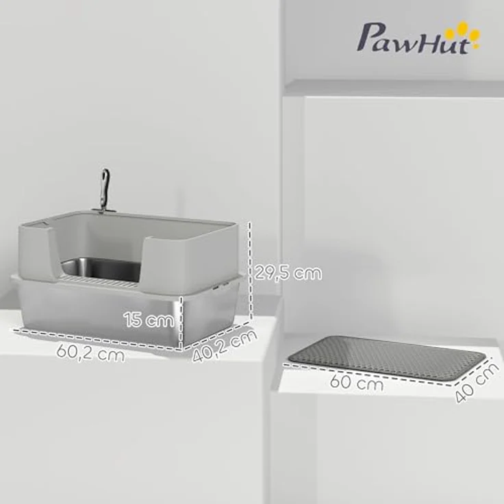 PawHut Katzentoilette Edelstahl Offene Katzenklo mit Schaufel, hohe Wände und Matte, für große Katzen bis 7 kg, 60,2 x 40,2 x 29,5 cm, Grau – Bild 7